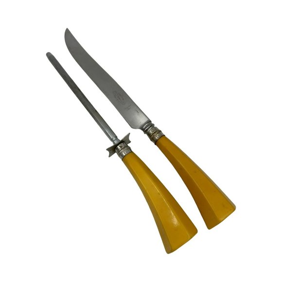 Vintage Butterscotch Bakelite Carving Knife Set Yellow Handles - Picture 1 of 1